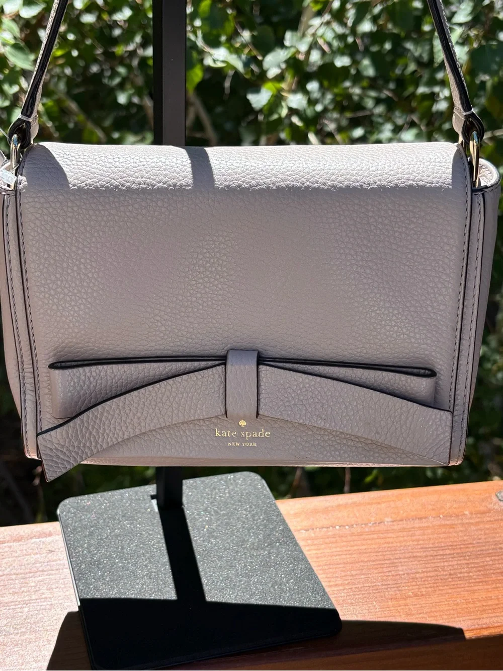 kate spade Peony GRAY with pink interior Pebbled Leather Bow Crossbody